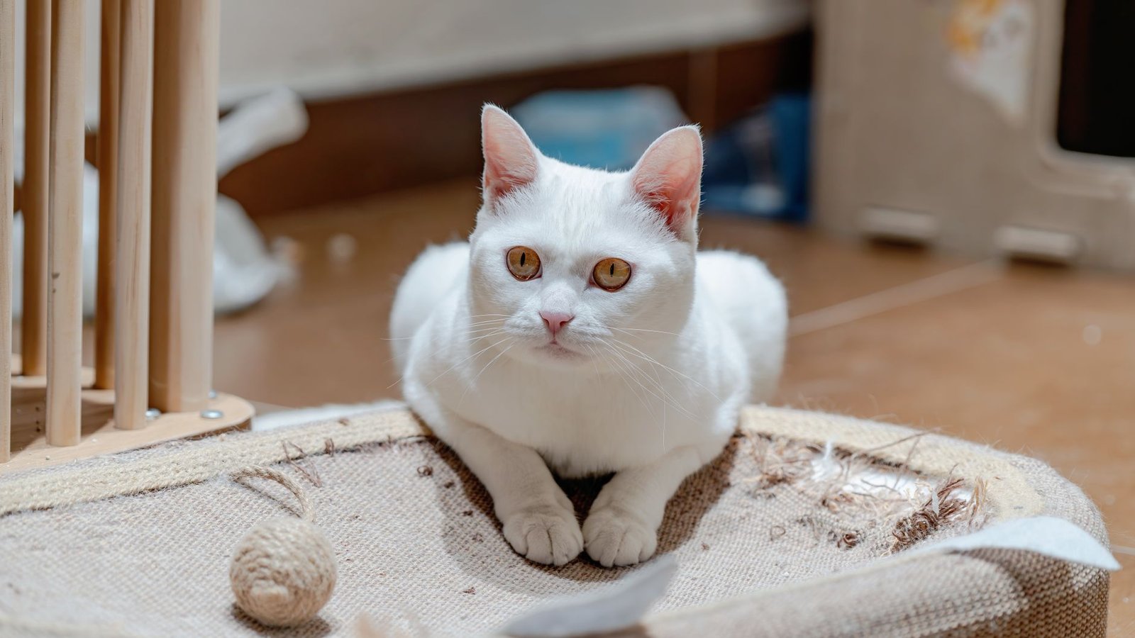 Gato blanco descansando sobre un rascador de cartón plano en el suelo