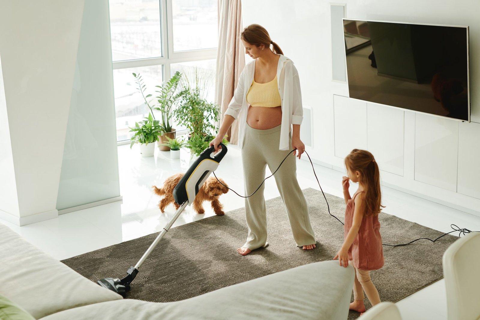 Persona aspirando la alfombra del salón mientras el perro juega cerca