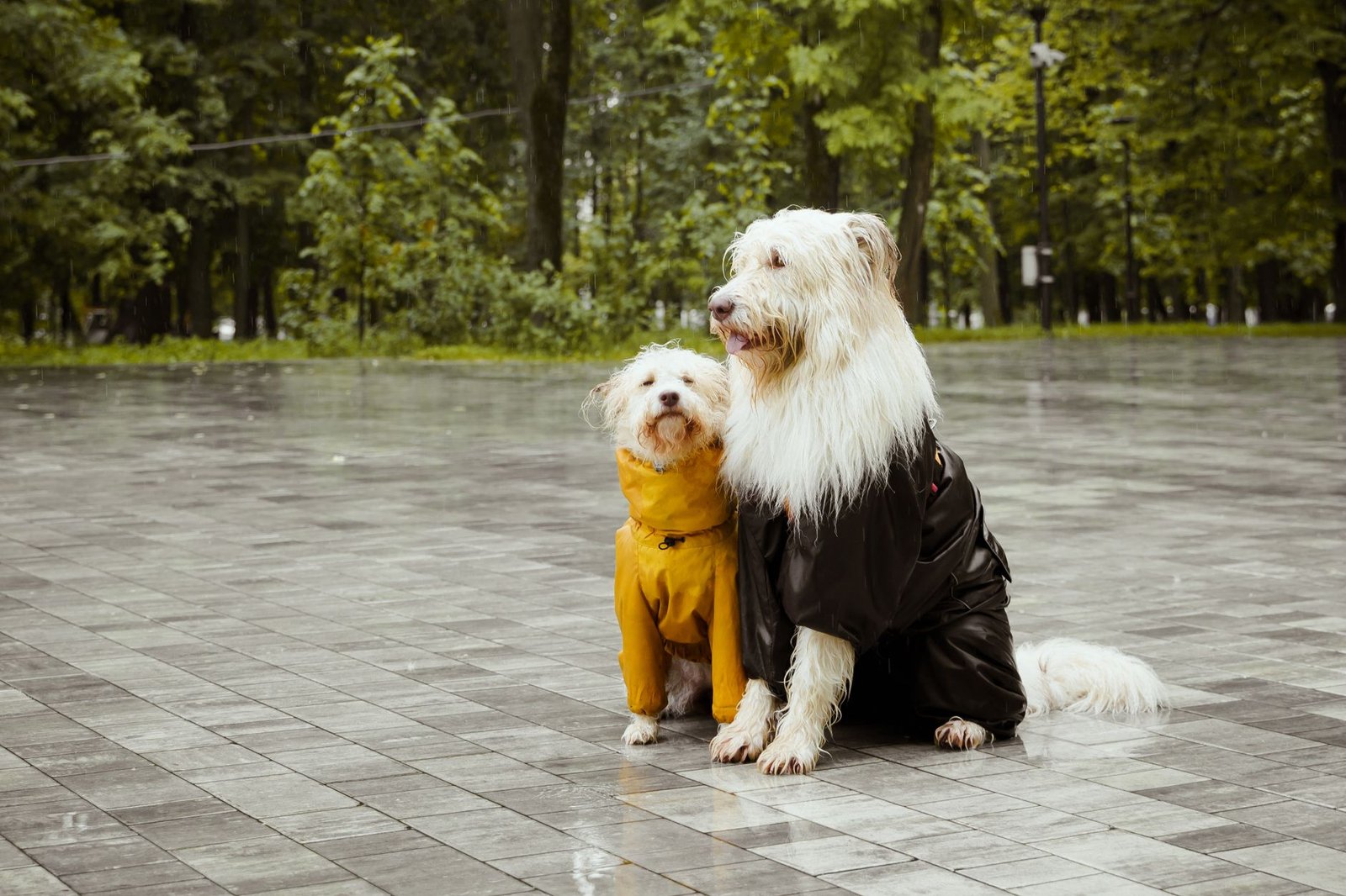 Dos perros con impermeable sentados en una plaza mojada por la lluvia